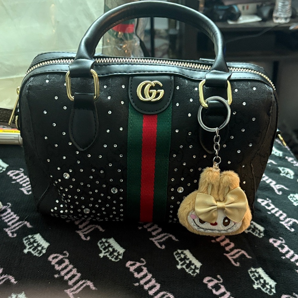 Black Studded Satchel with Green & Red Stripe - Luxury-Inspired